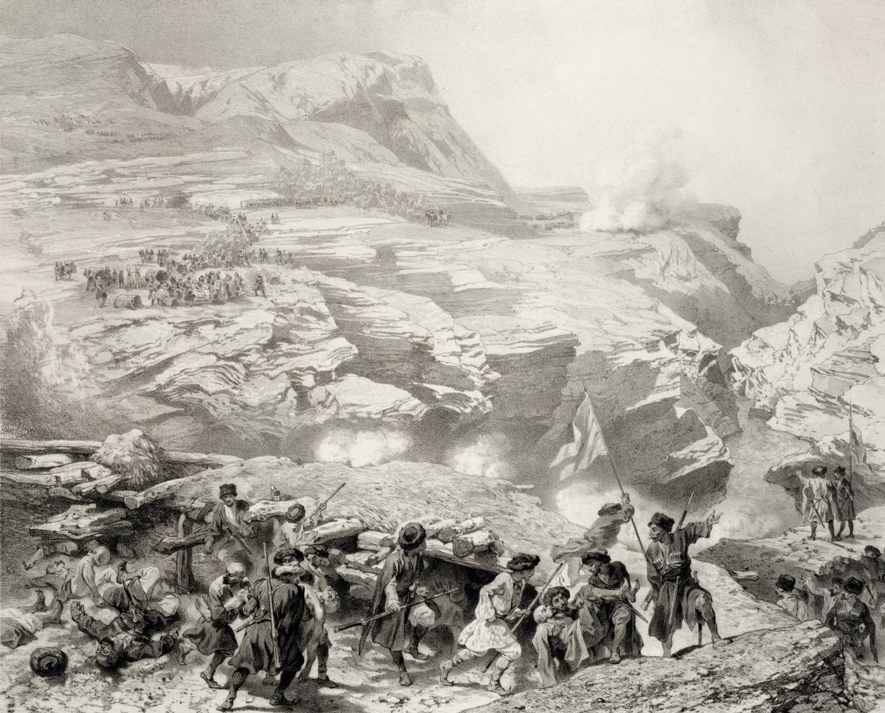 Soulak Pass Akhatissa, Dagestanissa, levy 61 Kaukasusta käsittelevästä kirjasta, kaiverrettu Eugene Ciceri (1813-90) ja Adolphe Jean-Baptiste Bayot (1810-66), julkaisija Alfred Leon Lemercier, Pariisi, 1847 (litt. tekijältä Grigori Grigorevich Gagarin