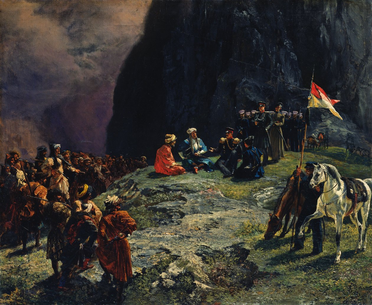 Kenraali Kluke von Klugenaun ja imaami Shamilin tapaaminen vuonna 1837, 1849 tekijältä Grigori Grigorevich Gagarin