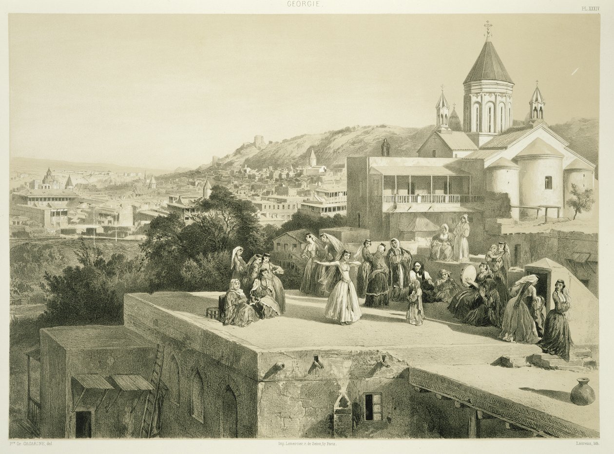 The Terraces of Tiflis, Georgia, levy 34 Kaukasusta käsittelevästä kirjasta, kaivertanut Laurens, julkaissut Alfred Leon Lemercier, Pariisi, 1847 tekijältä Grigori Grigorevich Gagarin