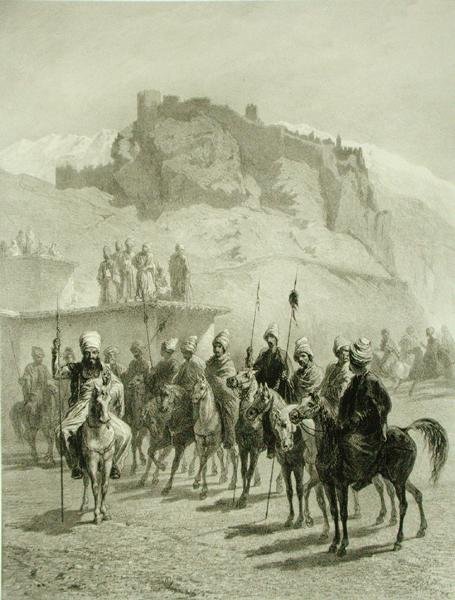 Atskhourin linna, Akhaltsik, levy 10 Kaukasusta käsittelevästä kirjasta, kaiverrettu Adolphe Mouilleron (1820-81), julkaisija Alfred Leon Lemercier, Pariisi tekijältä Grigori Grigorevich (after) Gagarin