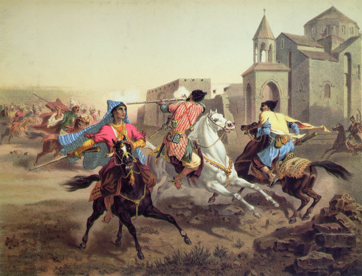 Persialaisten ja kurdien taistelu Armeniassa, painanut Alfred Leon Lemercier, Pariisi, n. 1850-1860 (värilitho) tekijältä Grigori Grigorevich (after) Gagarin