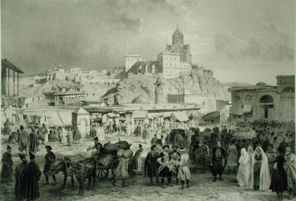 Basaari Maidan-aukiolla, Tiflis, Georgia, kuva 25 Kaukasusta kertovasta kirjasta, kaiverrettu Adolphe Jean-Baptiste Bayot