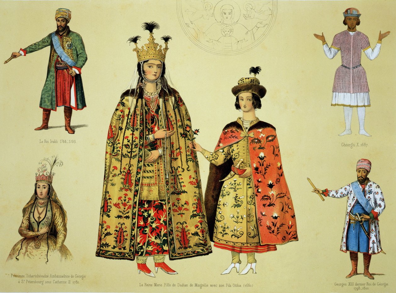 Puvut 1600- ja 1700-luvuilta, levy 56 Le Caucase pittoresque, dessine apres nature -kirjasta kreivi Ernest Stackelbergin tekstillä, julkaistu 1847 tekijältä Grigori Grigorevich Gagarin