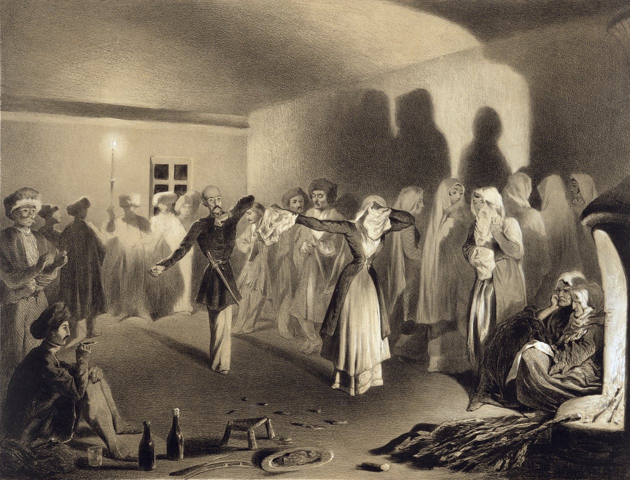 Tanssijuhlat Kagha-Chourassa, Dagestanissa, levy 55 Kaukasusta käsittelevästä kirjasta, kaiverrus Celestin Francois Nanteuil (1813-73), julkaisija Alfred Leon Lemercier, Pariisi, 1847 tekijältä Grigori Grigorevich Gagarin