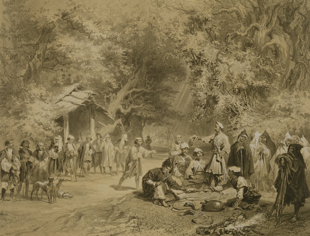 Metsästyksen loppu, Mingrelia, levy 6 Kaukasusta käsittelevästä kirjasta, kaiverrettu Adolphe Mouilleron (1820-81), julkaissut Alfred Leon Lemercier, Pariisi, 1847 tekijältä Grigori Grigorevich Gagarin