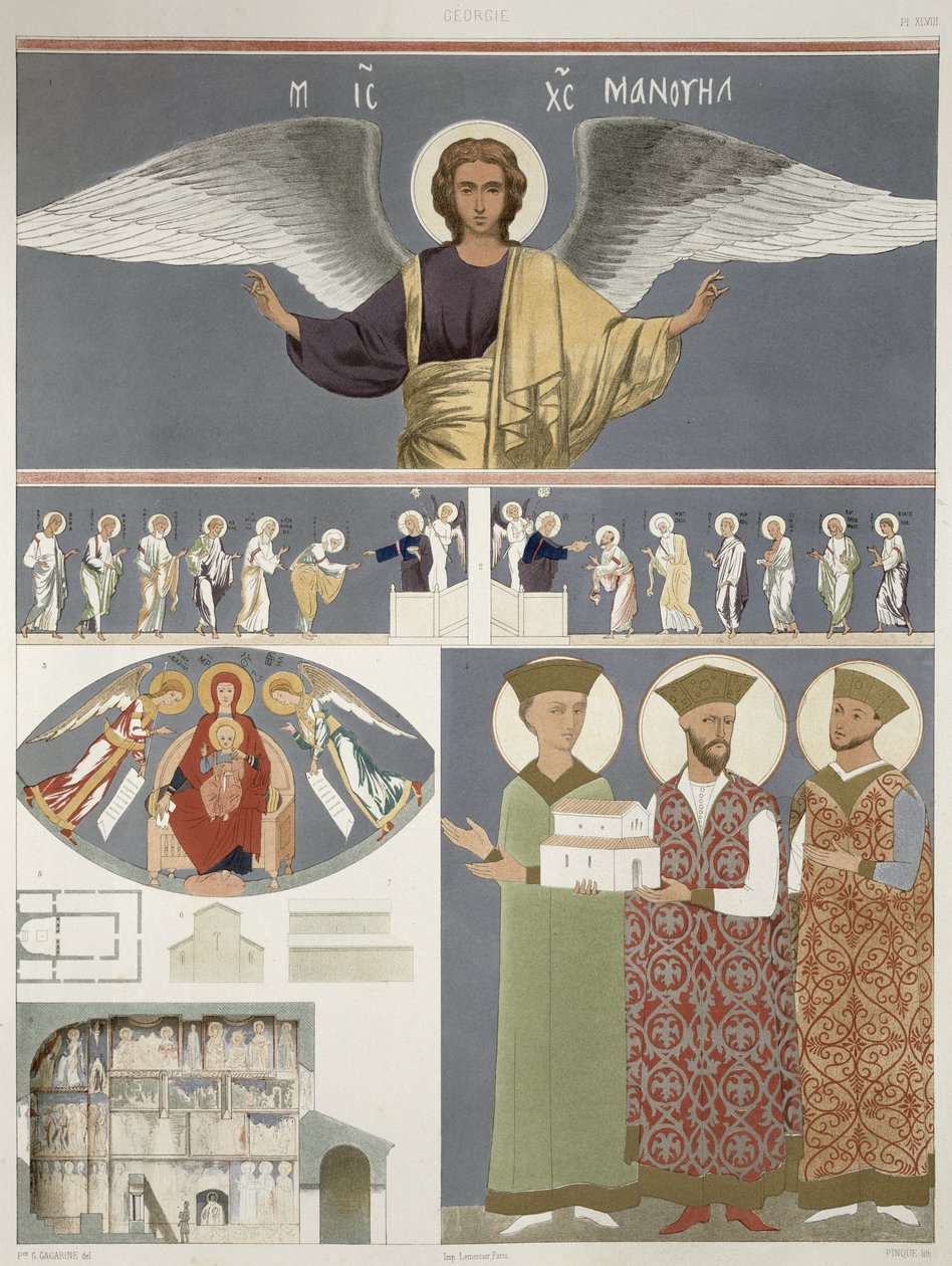 Freskot Nekrssin ortodoksisesta kirkosta lähellä Didoa, levy 48 Le Caucase pittoresque dessine apres nature -kirjasta, tekstillä kreivi Ernest Stackelberg, julkaistu 1847 tekijältä Grigori Grigorevich Gagarin