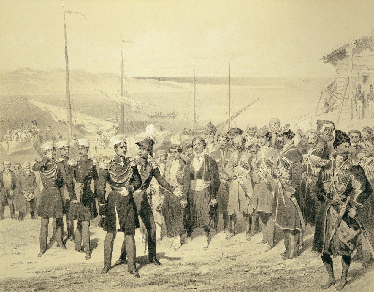 Armeijan johtajan maihinnousu Redout-Kalessa Mustallamerellä, levy 5 Kaukasusta käsittelevästä kirjasta, kaiverrettu Adolphe Jean-Baptiste Bayot (1810-66), julkaissut Alfred Leon Lemercier, Pariisi, 1847 (l tekijältä Grigori Grigorevich Gagarin