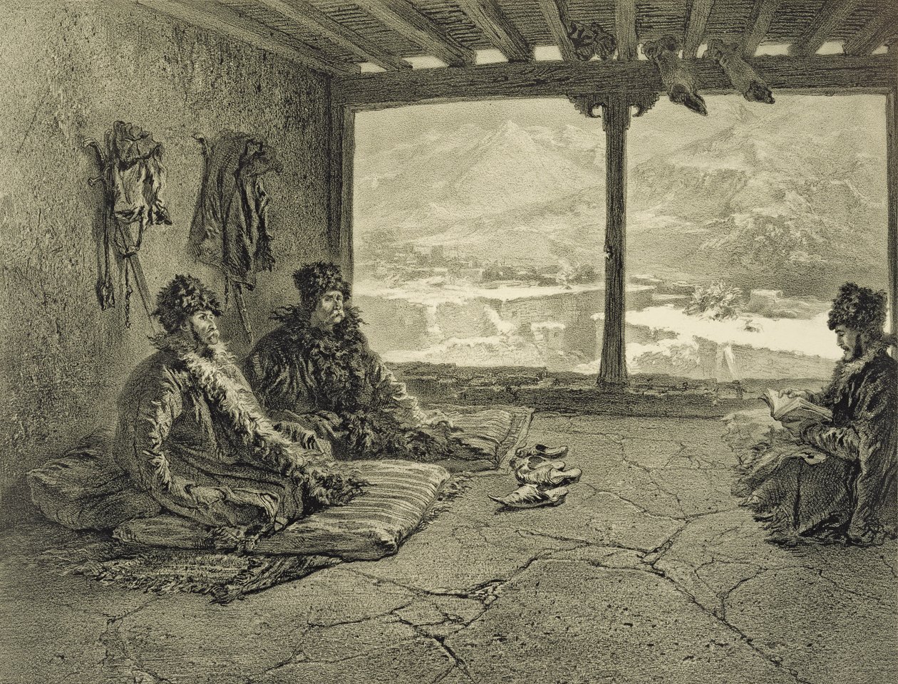 Sharia-luento Khosrakhissa, Dagestanissa, levy 50 Kaukasusta käsittelevästä kirjasta, kaiverrus Adolphe Mouilleron (1820-81), julkaisija Alfred Leon Lemercier, Pariisi, 1847 tekijältä Grigori Grigorevich Gagarin