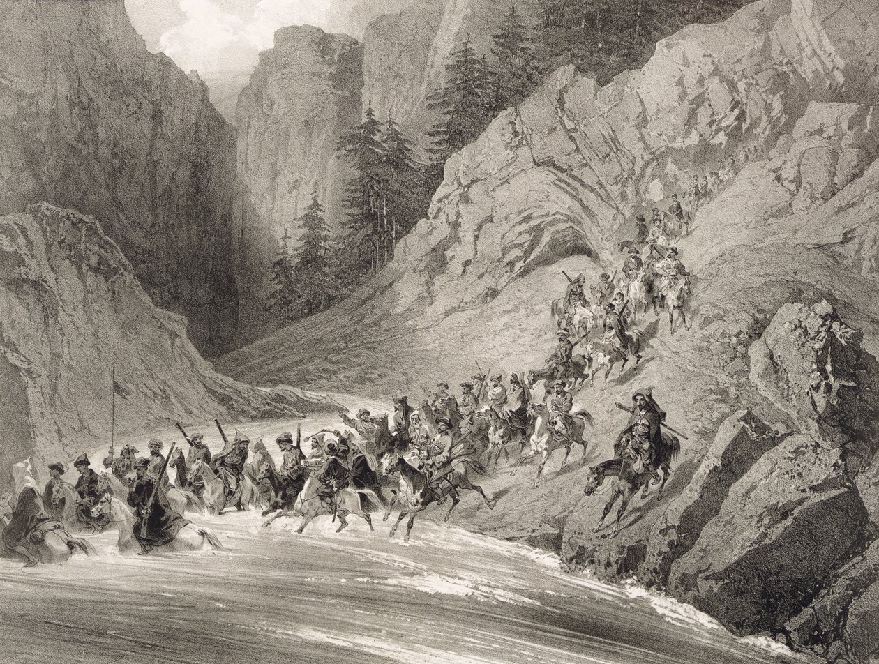 Tšerkersseiläisiä Mustanmeren rannikolla, kuva 4, Kaukasusta käsittelevästä kirjasta, kaiverrettu Eugene Cicerin (1813-90) ja Adolphe Jean-Baptiste Bayot