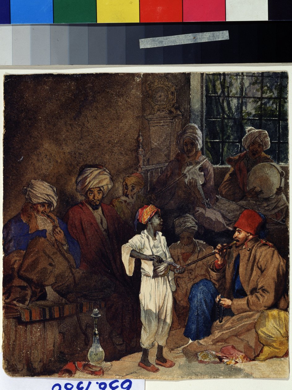 ""Majatalo Izmirissä Turkissa"" (Kahvitalo Smyrnassa) Akvarelli Grigori Gagarin (Gagarin) (1810-1893) 1835 Moskovan valtion A. Pushkinin taidemuseo tekijältä Grigori Grigorevich Gagarin