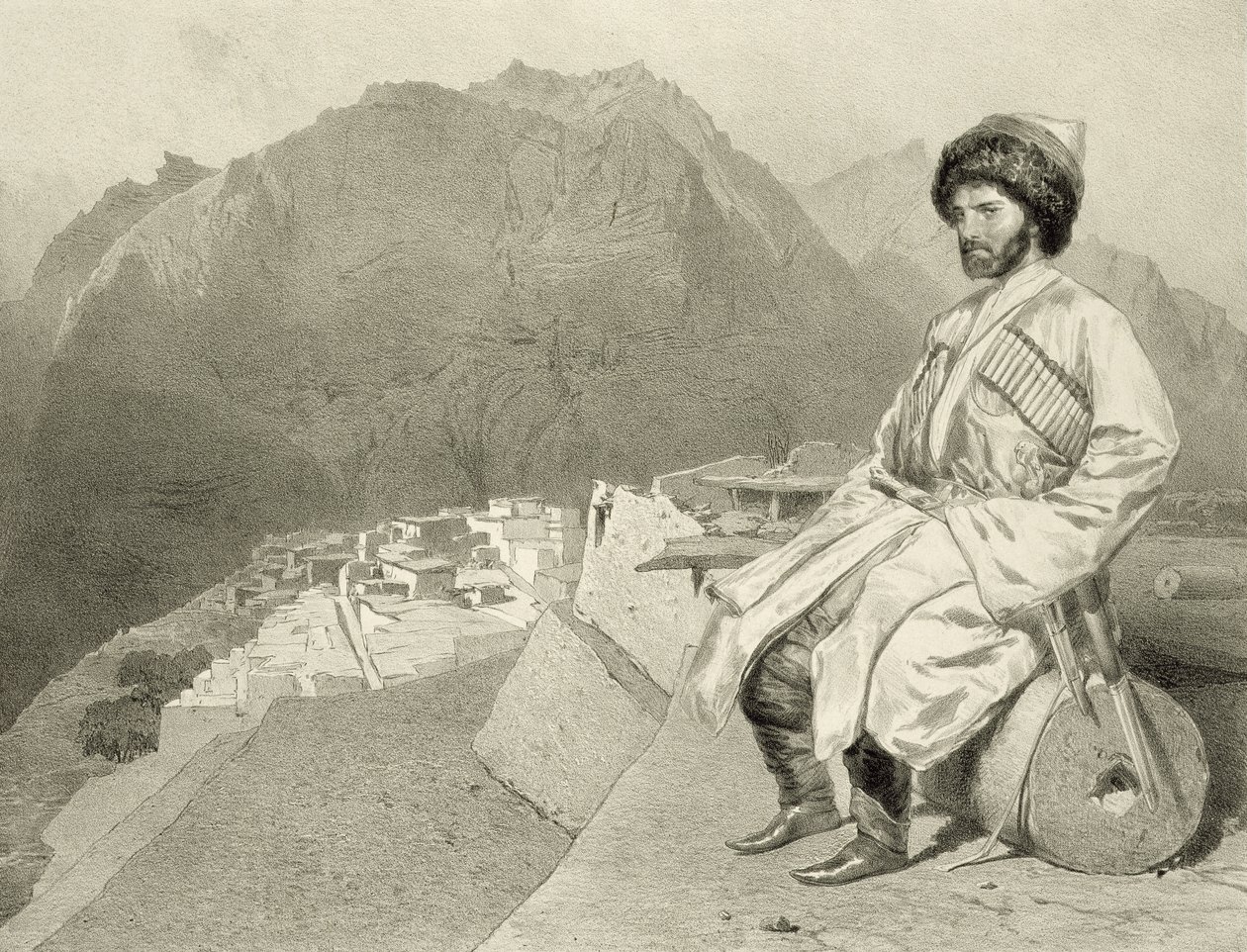 Näkymä Ghimristä ja Hadji-Mouradin muotokuva, levy 66 Kaukasusta käsittelevästä kirjasta, kaiverrus Jules Joseph Augustin Laurens (1825-1901) ja Eugene Ciceri (1813-90), Adolphe Mouilleron (1820-81), pu tekijältä Grigori Grigorevich Gagarin