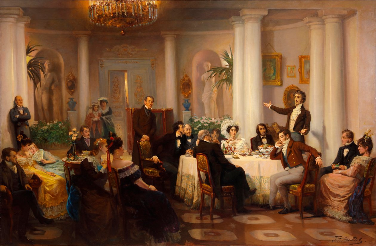 Pushkin ja hänen ystävänsä kuuntelevat Adam Mickiewicziä prinsessa Zinaida Volkonskajan salongissa, 1899 tekijältä Grigori Grigorievich Mjasoedov