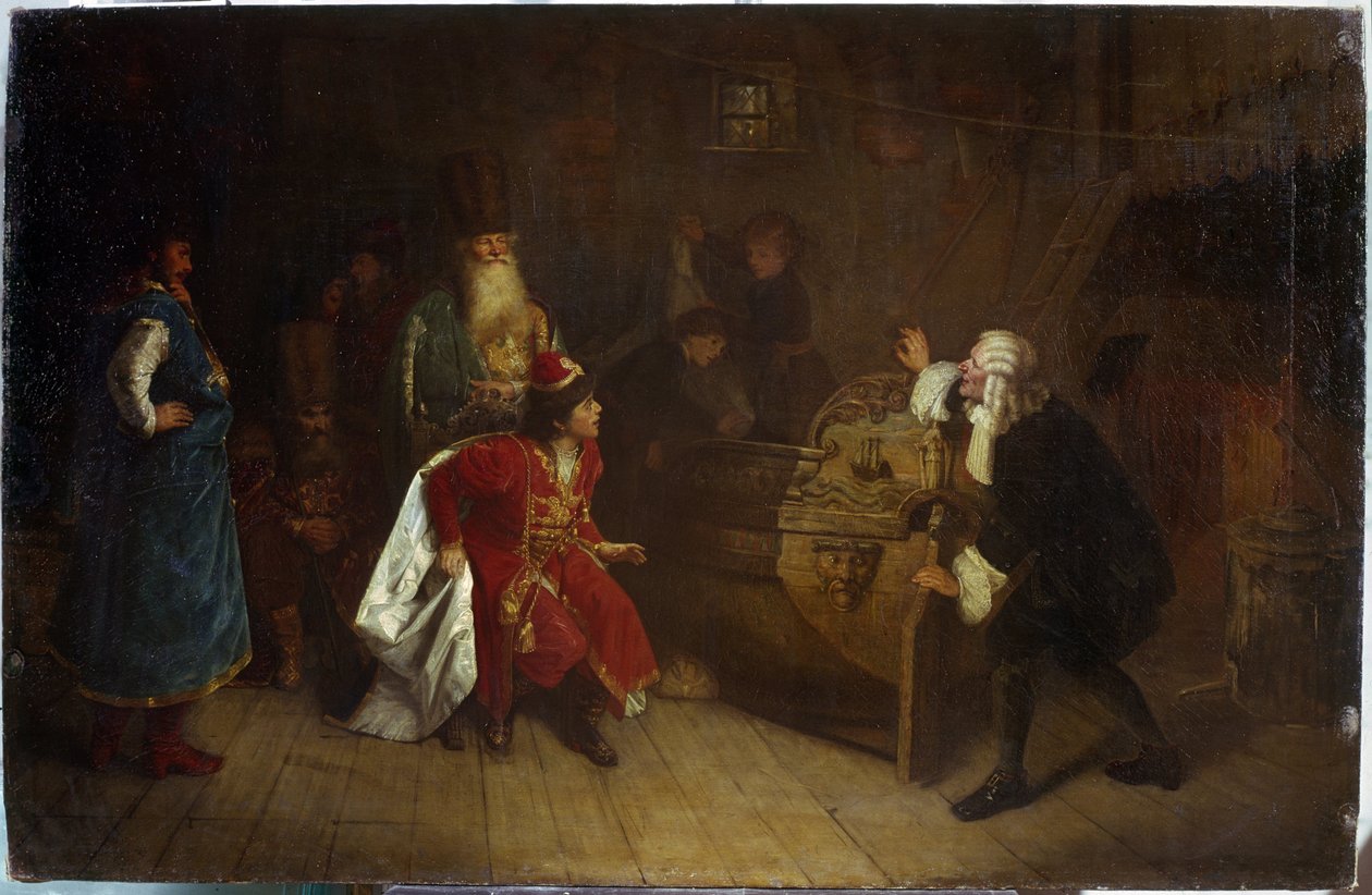 Venäjän laivaston isoisä. (Venäjän laivaston isoisä). Kohtaus Pietari I Suuren (1672-1725) lapsuudesta isoisänsä Nikita Romanovin (?) talosta, hän löysi englantilaisen kanootin, josta hänen intohimonsa navigointiin sai alkunsa. Maalattu tekijältä Grigori Grigoryevich Myasoedov