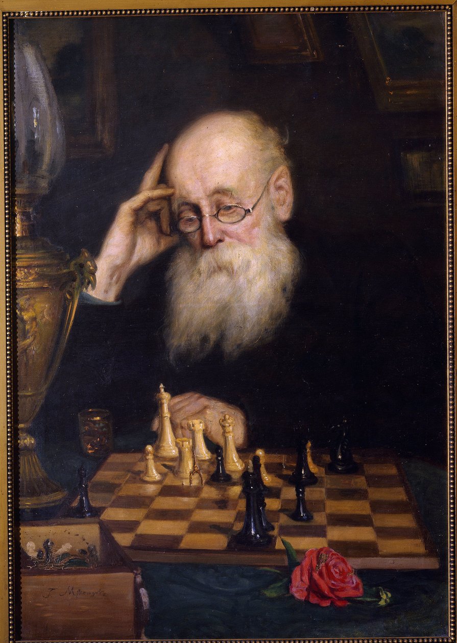 Shakki itseään vastaan ​​(Shakki itsensä kanssa). Grigori (Grigoriy, Grigory) Grigorjevitš Myasojedovin (Myasoedov, Miasoedov) maalaus (1834-1911), öljy kankaalle tekijältä Grigori Grigoryevich Myasoedov