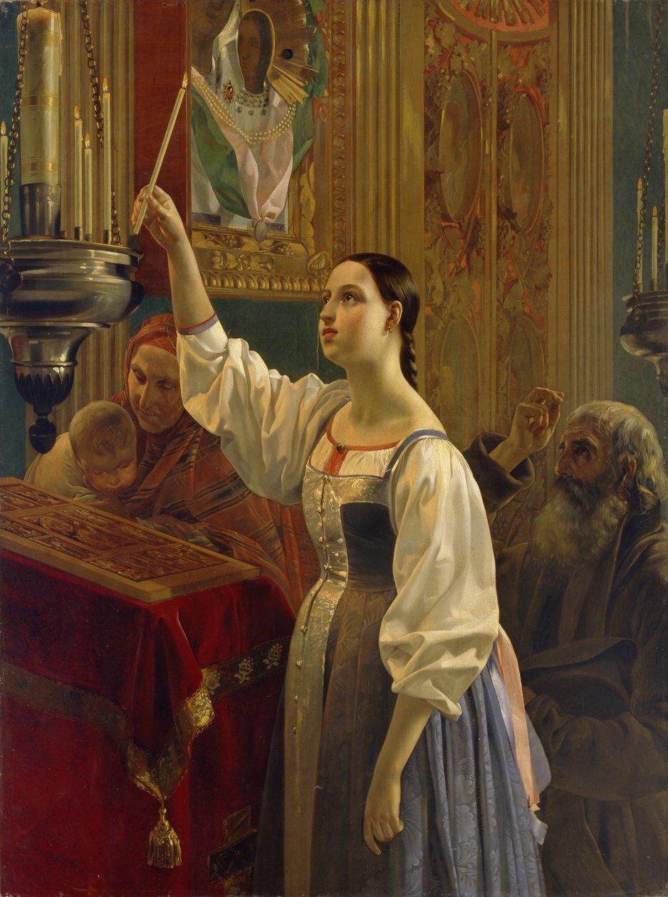 Tyttö asetti kynttilän ikonin eteen, 1842 tekijältä Grigori Karpovich Mikhaylov