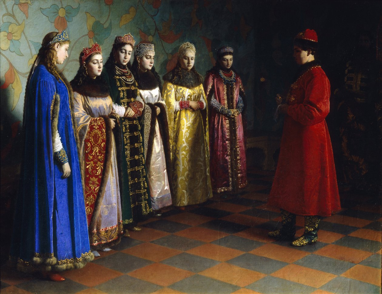 Tsaari Aleksei Mihailovich valitsi morsiamen, 1882 tekijältä Grigori Semenovich Sedov