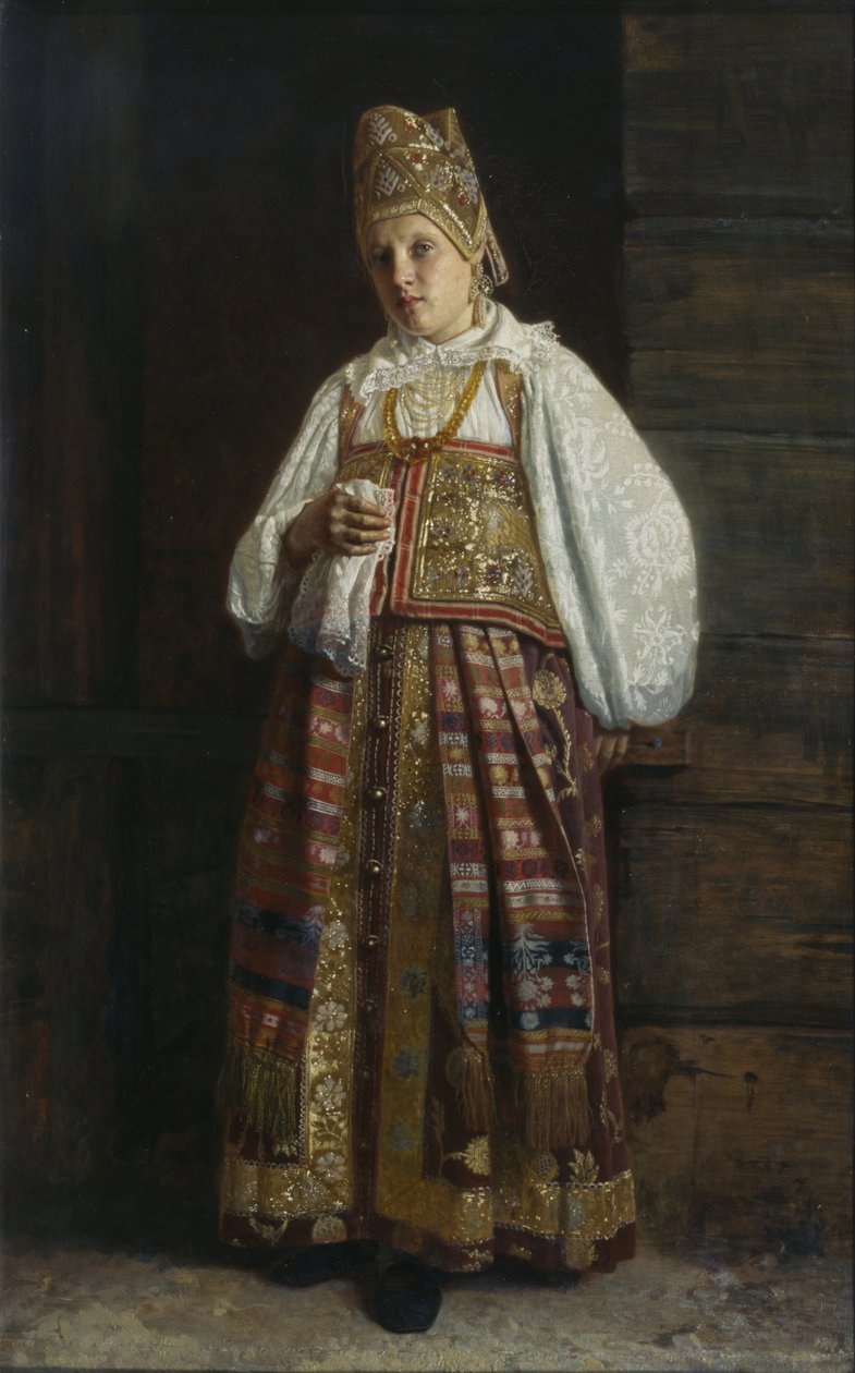 Nainen Kurskista perinteisissä venäläisissä vaatteissa, 1871 tekijältä Grigori Semenovich Sedov