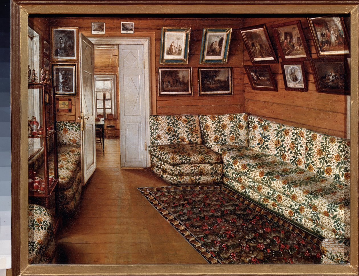 Kartanon vastaanottohuone - Grigori Vasilyevich Sorokan (1823-1863) maalaus, öljy kankaalle - 1800-luvun venäläinen taide - Valtion historian ja taiteen ulkomuseo, Pihkova (Venäjä) tekijältä Grigori Vasilievich Soroka
