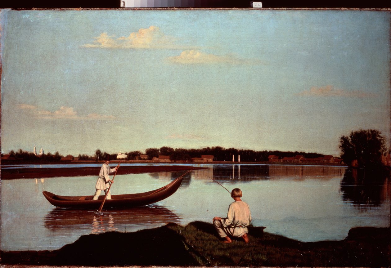Siimakalastaja (Ja nuori soutaja seisomassa veneessä) - Kalastaja - Grigori Vasilyevich Sorokan (1823-1863) maalaus, öljy kankaalle, noin 1840 - Venäläinen taide tekijältä Grigori Vasilievich Soroka