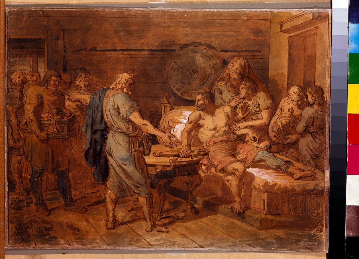 Kuzma Mininin (kuoli 1616) vetoomus prinssi Dmitri Pozharskiin (1577-1642) - Grigori Ivanovich Ugryumovin (Ugrioumov) (1764-1823) teos, akvarelli ja valkoinen paperille, noin 1800 (31,6x42 cm) - Vetous Mininille prinssi Dmitri Pozharsky, Wat tekijältä Grigoriy Ivanovich Ugryumov