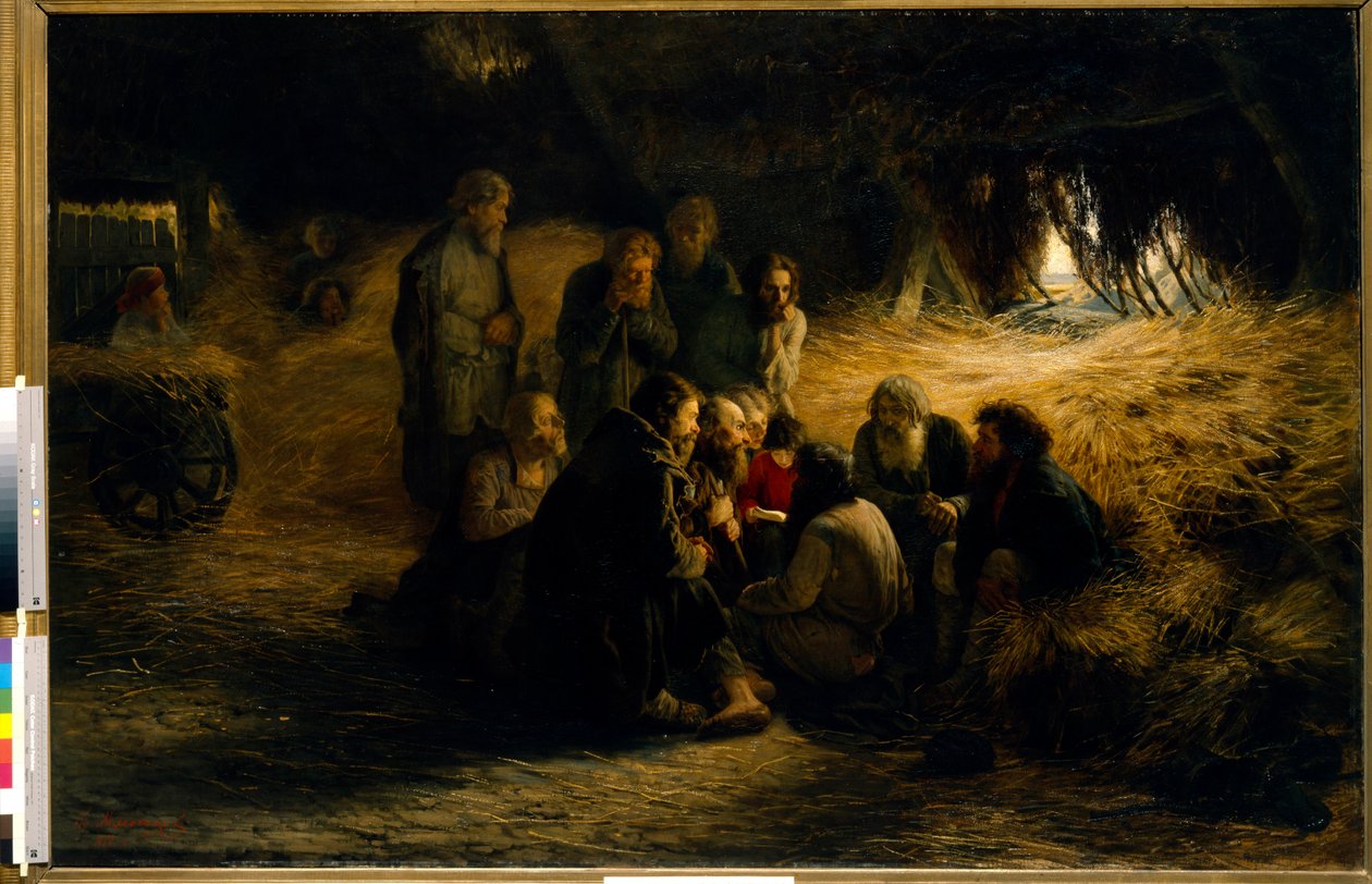 Orjuuden lakkauttaminen Venäjällä: ilmoitus maaorjien vapautumisesta vuonna 1861 (The Announcement of serf emancipation Reform of 1861) - Öljy kankaalle, kirjoittanut Grigori (Grigoriy, Grigory) Grigorjevitš Myasojedov (Myasoedov, Miasoedov) (1834-1) tekijältä Grigoriy Myasoyedov