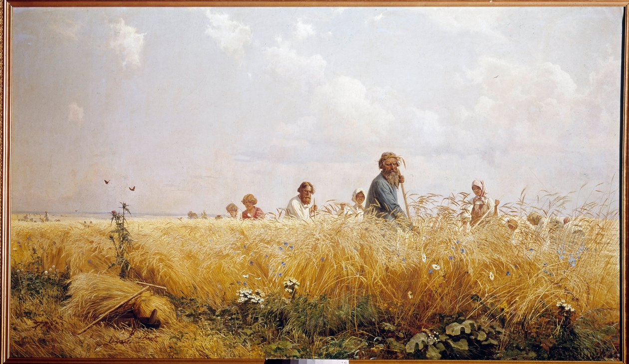 Korjuu venäläiset talonpojat niittävät siunausta. Grigori Miassoiedowin (1835-1911) maalaus 1800-luvun Peterhof, linnan kirjasto tekijältä Grigoriy Myasoyedov