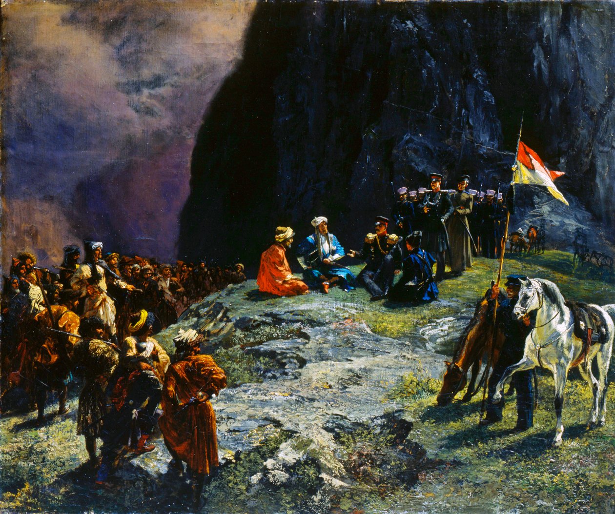 Kenraali Klüke von Klügenaun ja imaami Shamilin tapaaminen vuonna 1837, 1849. tekijältä Grigory Gagarin