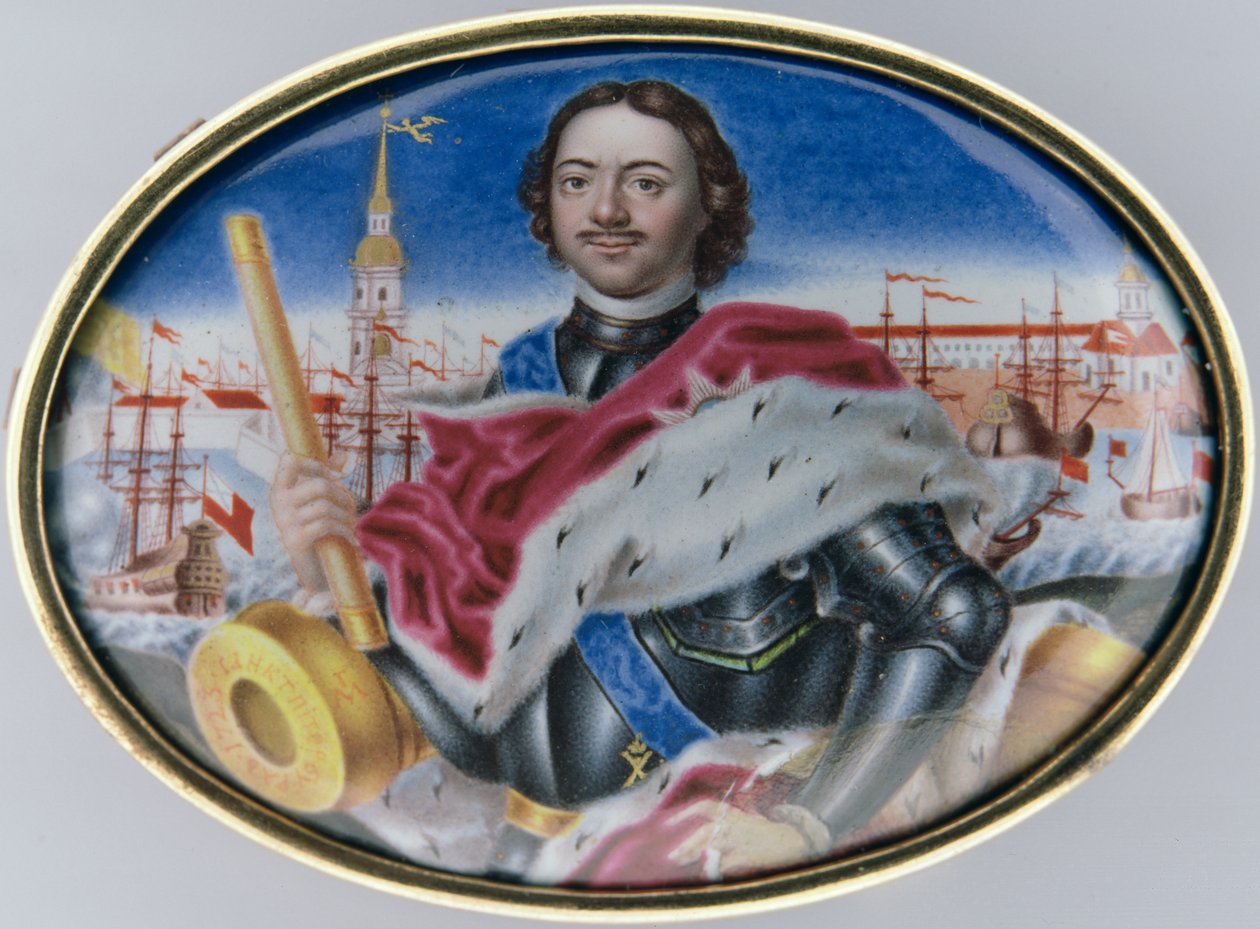 Pietari I:n (1672-1725) muotokuva Pietarin ja Paavalin linnoitusta ja Pietarin Kolminaisuuden aukiota vasten, 1723 (emali kultaa vasten) (ks. 126084). tekijältä Grigory Semyonovich Musikiysky
