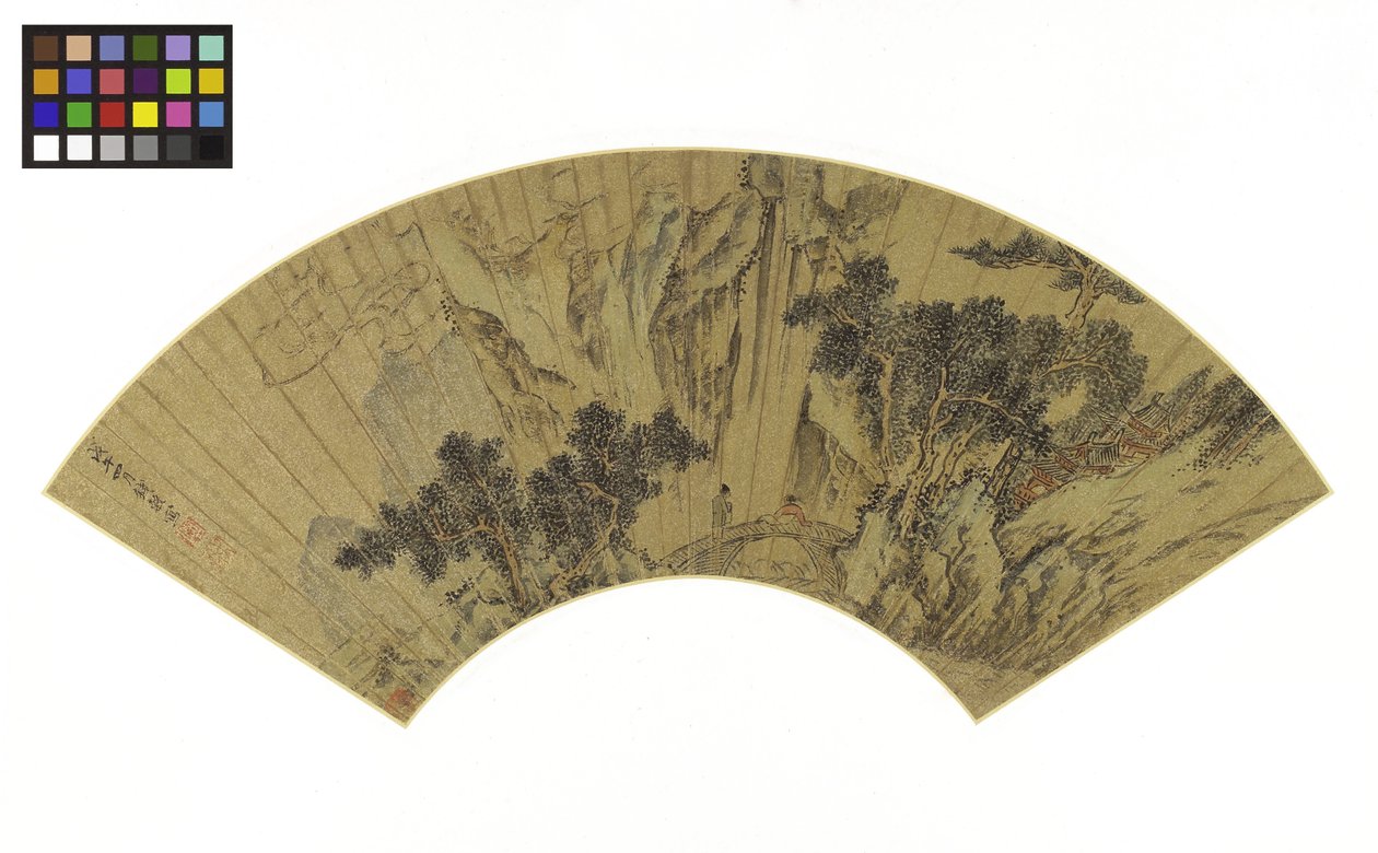 Vuoristomaisema ja kaksi hahmoa sillalla, 1558 (tussi ja värit kultaiselle paperille). tekijältä Gu Qian