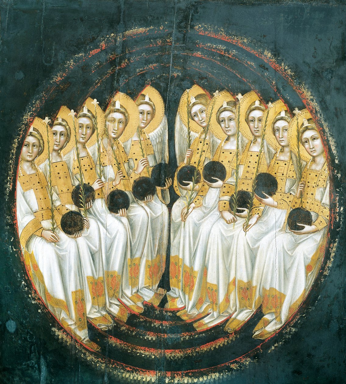 Istuvat enkelit pallot käsissään, Guariento (aktiivinen 1338-1367 tai 1370), tempera paneelissa tekijältä Guariento di Arpo