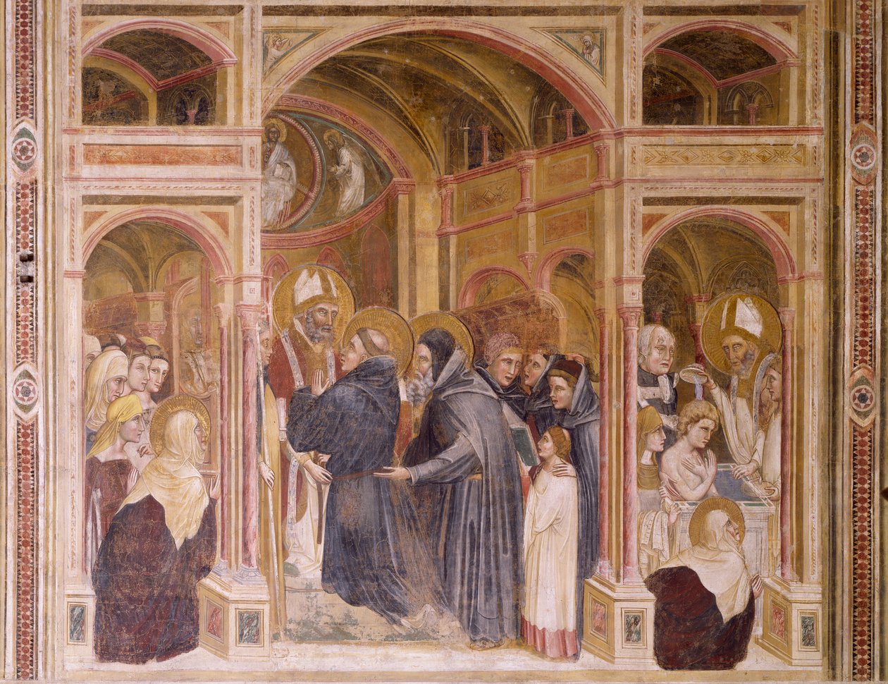 Vaatteet ja Augustinuksen kaste, kohtaus Pyhän Filippoksen ja Pyhän Augustinuksen tarinoista, Guariento (toiminut vuodesta 1338, kuoli n. 1367), fresko, Eremitani-kirkko (Erakat), Padova, Veneto. Italia tekijältä Guariento di Arpo