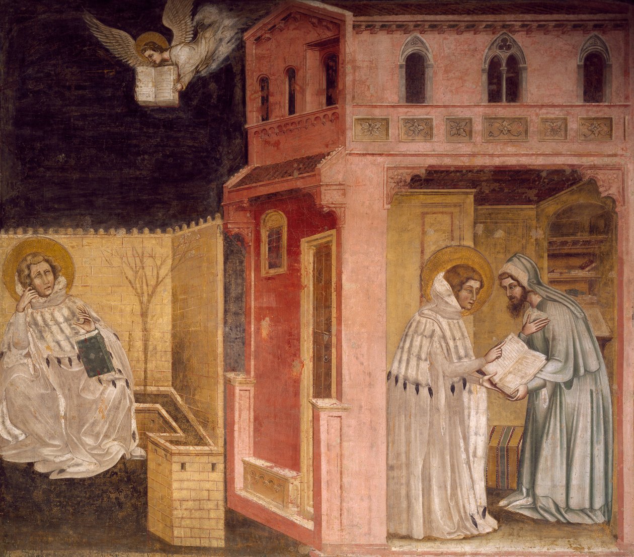 Vision of St Augustinus, kohtaus Pyhän Filippuksen ja Pyhän Augustinuksen tarinoista, Guariento (aktiivinen vuodesta 1338, kuoli 1367 tai 1370), fresko, Eremitani-kirkko (Eramakot), Eremitani-kirkko (Eremitit), Italia tekijältä Guariento di Arpo