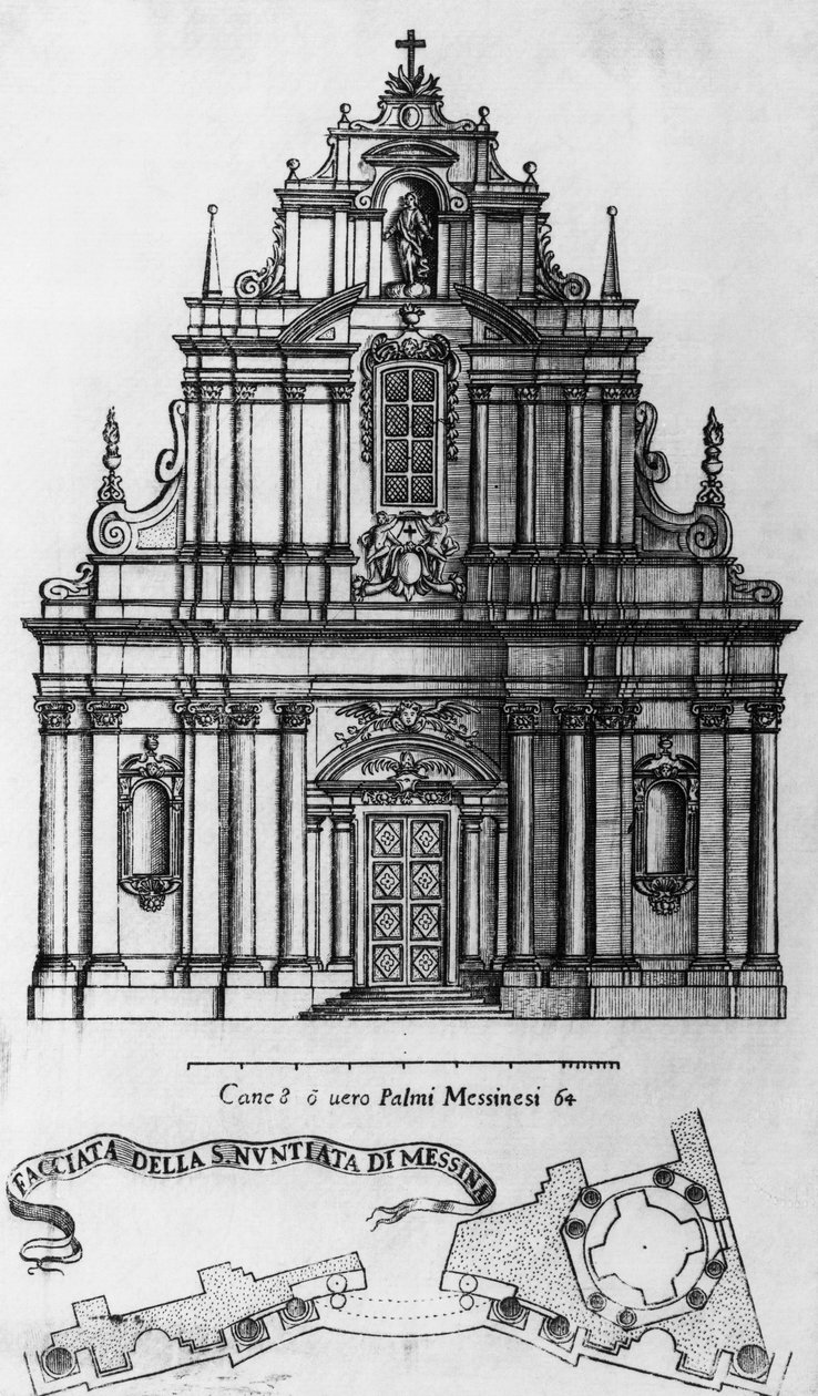 Messinan ilmestyskirkon julkisivu ja pohjaratkaisu, kaiverrus Guarino Guarini (1624-1683), Italia tekijältä Guarino Guarini