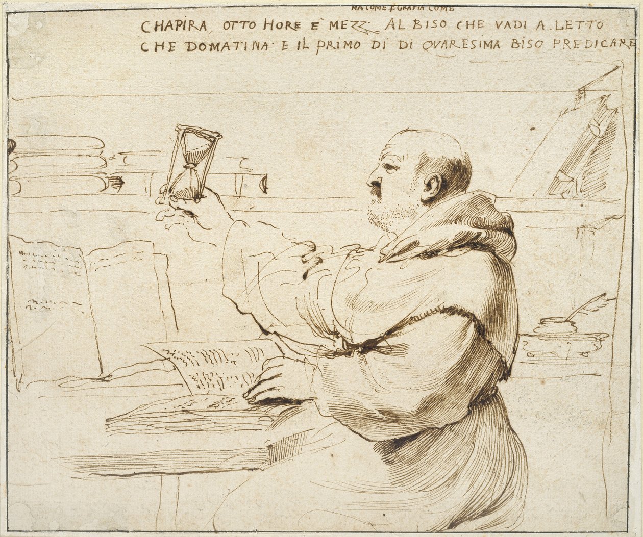 Fra Bonaventura Bisin karikatyyri, 1655 - 1659 (kynä ja ruskea muste luonnonvalkoiselle paperille) tekijältä Giovanni Francesco Barbieri