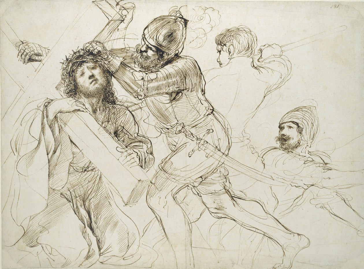 Kristus kantaa ristiä, n. 1625 - 1628 (kynä ja ruskea muste valkoisella paperilla) tekijältä Giovanni Francesco Barbieri