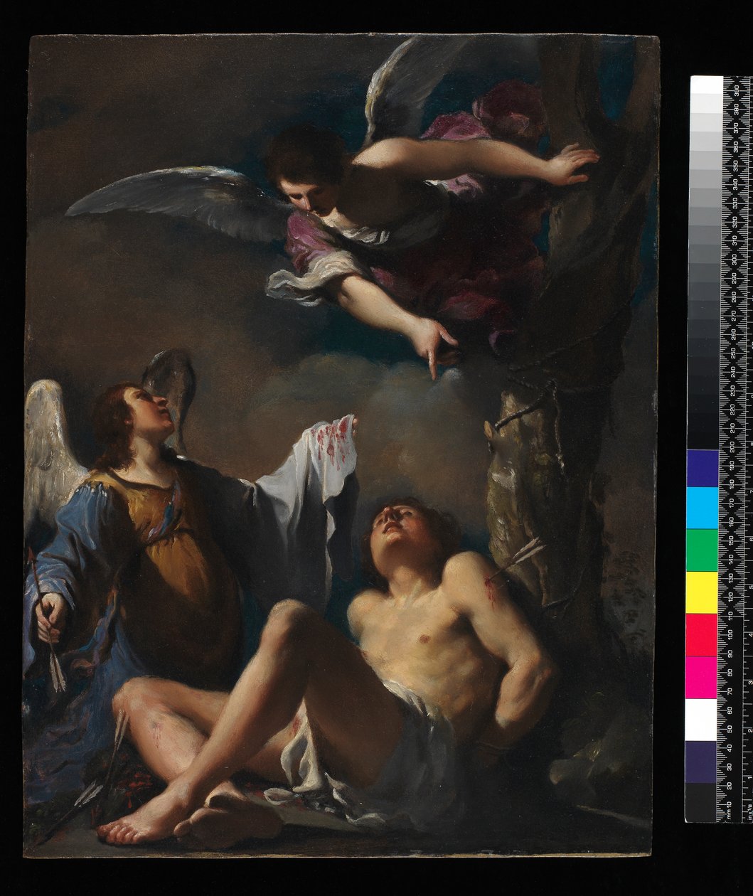 Kahden enkelin auttama Pyhä Sebastian, 1617 (öljy kuparille) tekijältä Giovanni Francesco Barbieri