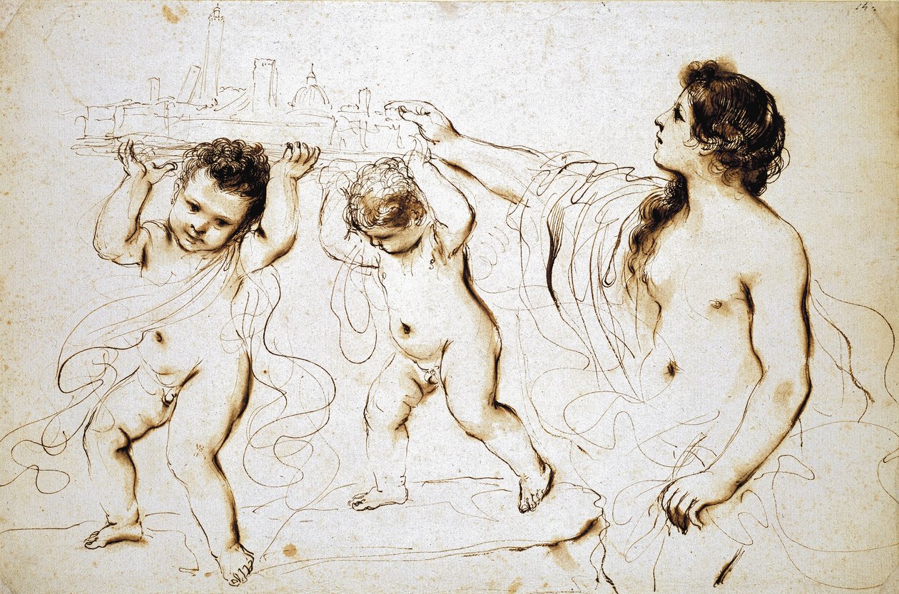 Bolognan kaupungin tunnus, 1625 - 1629 (kynä ja ruskea muste ruskealla pesulla valkoisella paperilla) tekijältä Giovanni Francesco Barbieri