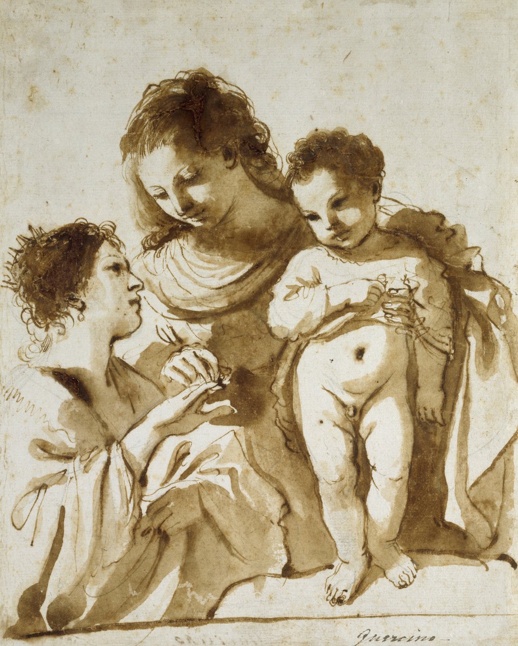 Pyhän Katariinan mystinen avioliitto, 1618 - 1619 (kynä ja ruskea muste, ruskealla tussilla ja mustalla liidulla tehtyjä merkintöjä valkoiselle paperille). tekijältä Giovanni Francesco Barbieri