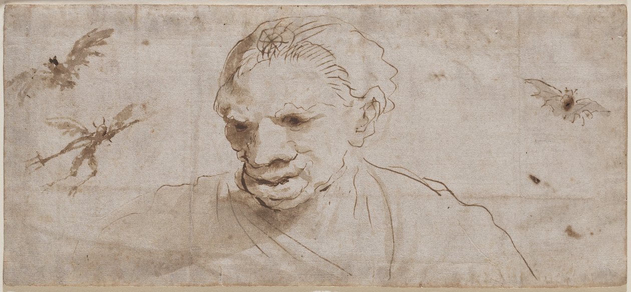 Noita, kaksi lepakkoa ja demoni lennossa, 1600-luvun alku (kynä ja ruskea muste, ruskea pesu paperille) tekijältä Giovanni Francesco Barbieri
