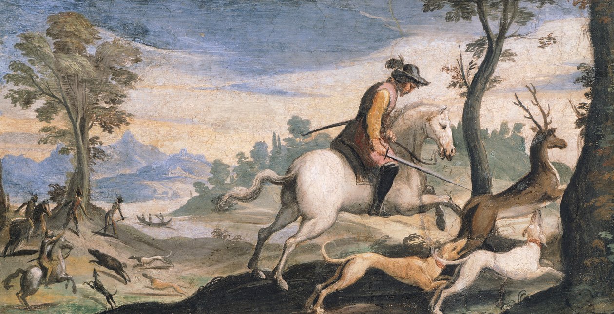 Metsästys peuroja ja villisia, Giovanni Francesco Barbieri, joka tunnetaan nimellä Guercino (1591-1666), fresko, 53x101 cm tekijältä Guercino