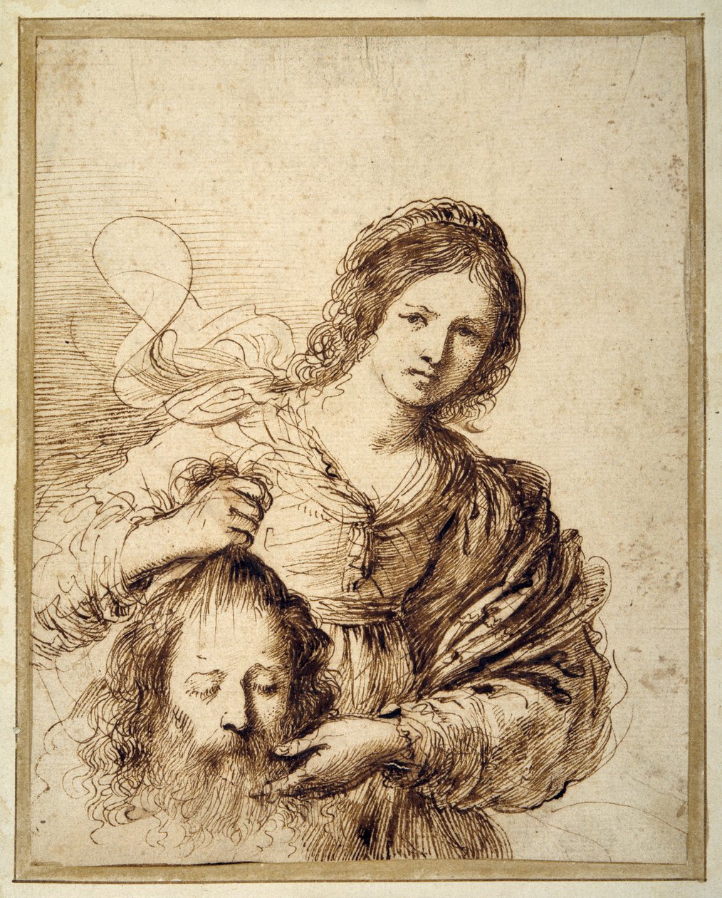 Judith Holofernesin pään kanssa (kynä ja ruskea muste kermapaperilla) tekijältä Guercino (1591 1666)