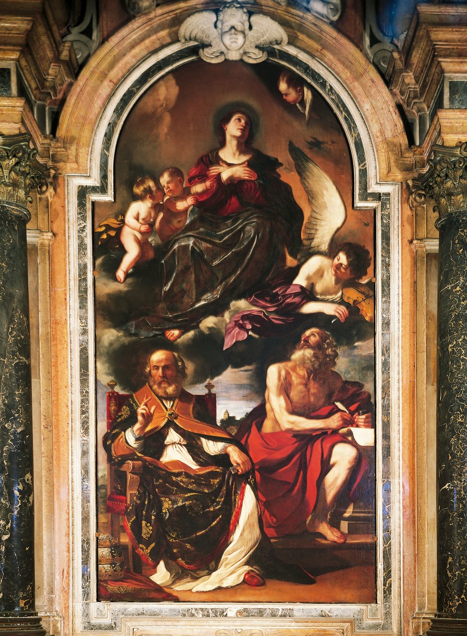Giovanni Francesco Barbieri, Guercino (1591-1666), öljy kankaalle, Marian taivaaseenotto Pyhän Pietarin ja Pyhän Hieromuksen kanssa. Santa Maria Assuntan katedraali, Reggio Emilia. tekijältä Guercino