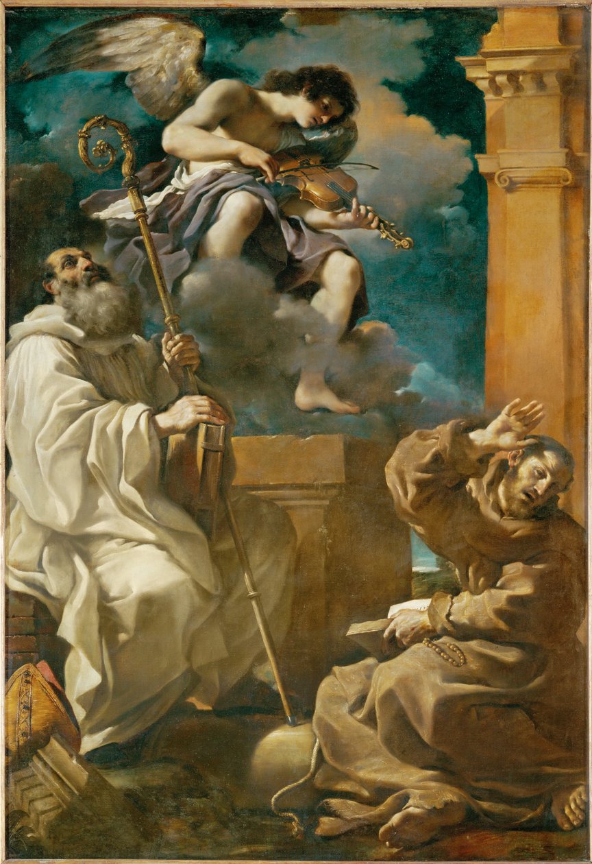 Pyhä Franciscus ekstaasissa ja pyhä Benedictus enkelin kanssa ... tekijältä Guercino (1591-1666)