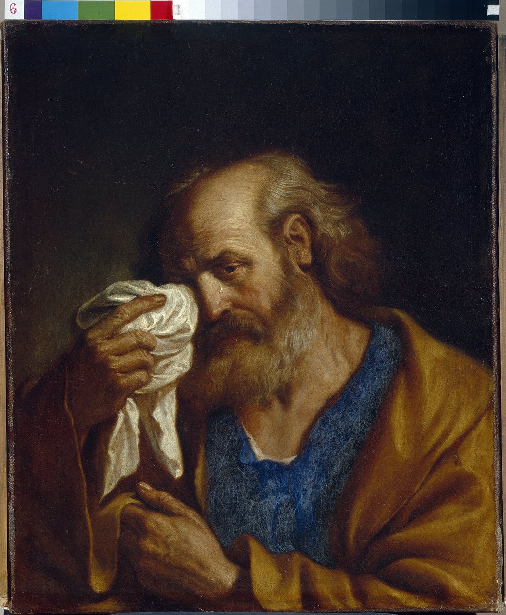 Pyhä apostoli Pietari (Apostoli Pietari). Muotokuva Jeesuksen opetuslapsesta pyyhkimässä kyyneleitä, jotka valuvat hänen kasvoilleen. Giovanni Francesco Barbierin maalaus, joka tunnetaan nimellä Guercino (Le Guerchin) (1591-1666), öljy kankaalle tekijältä Guercino