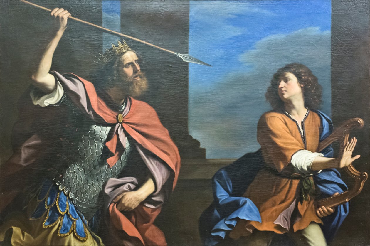 Saul yrittää tappaa Daavidin keihäänsä tekijältä Guercino (1591 1666)