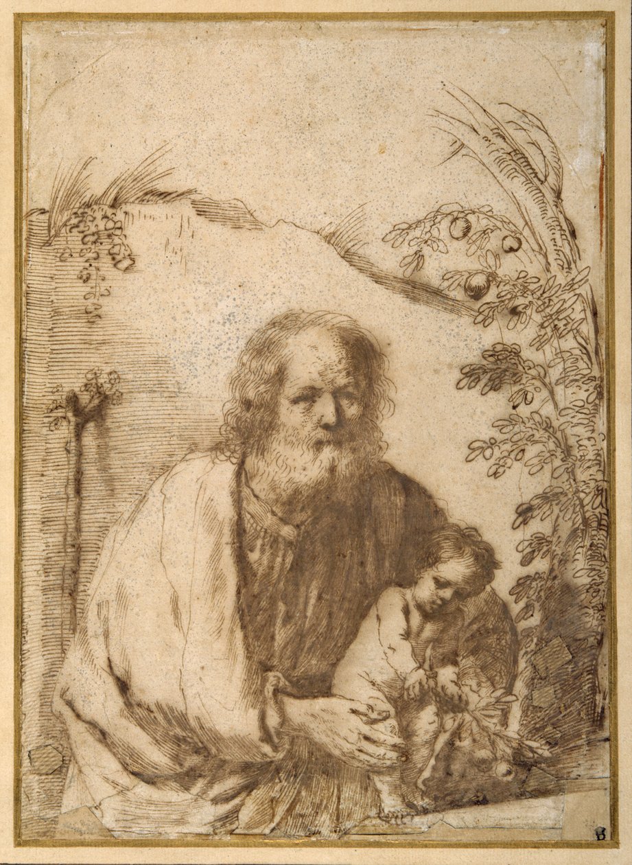 Pyhä Joosef ja Kristus-lapsi tarttumassa omenapuun oksaan (kynä ja muste paperille) tekijältä Guercino