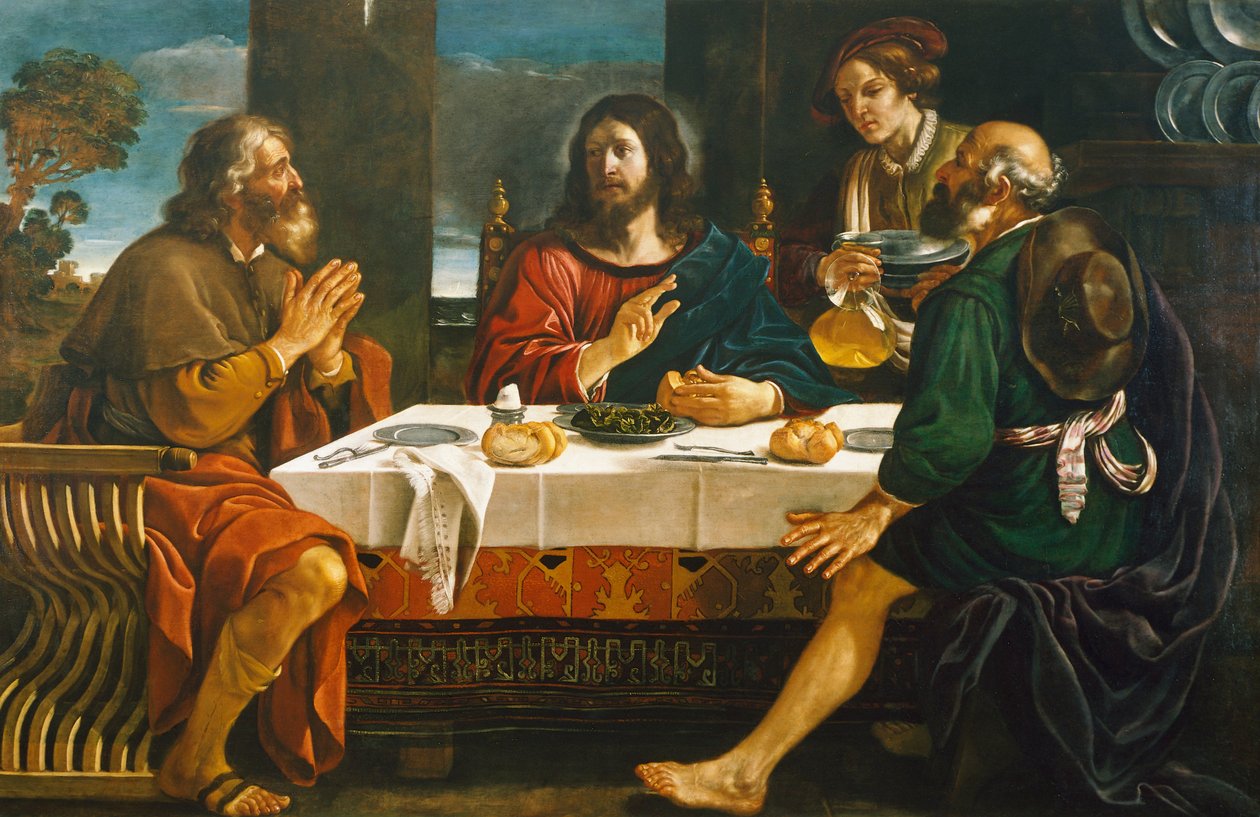 Illallinen Emmauksessa, Giovanni Francesco Barbieri, joka tunnetaan nimellä Guercino (1591-1666), öljy kankaalle tekijältä Guercino