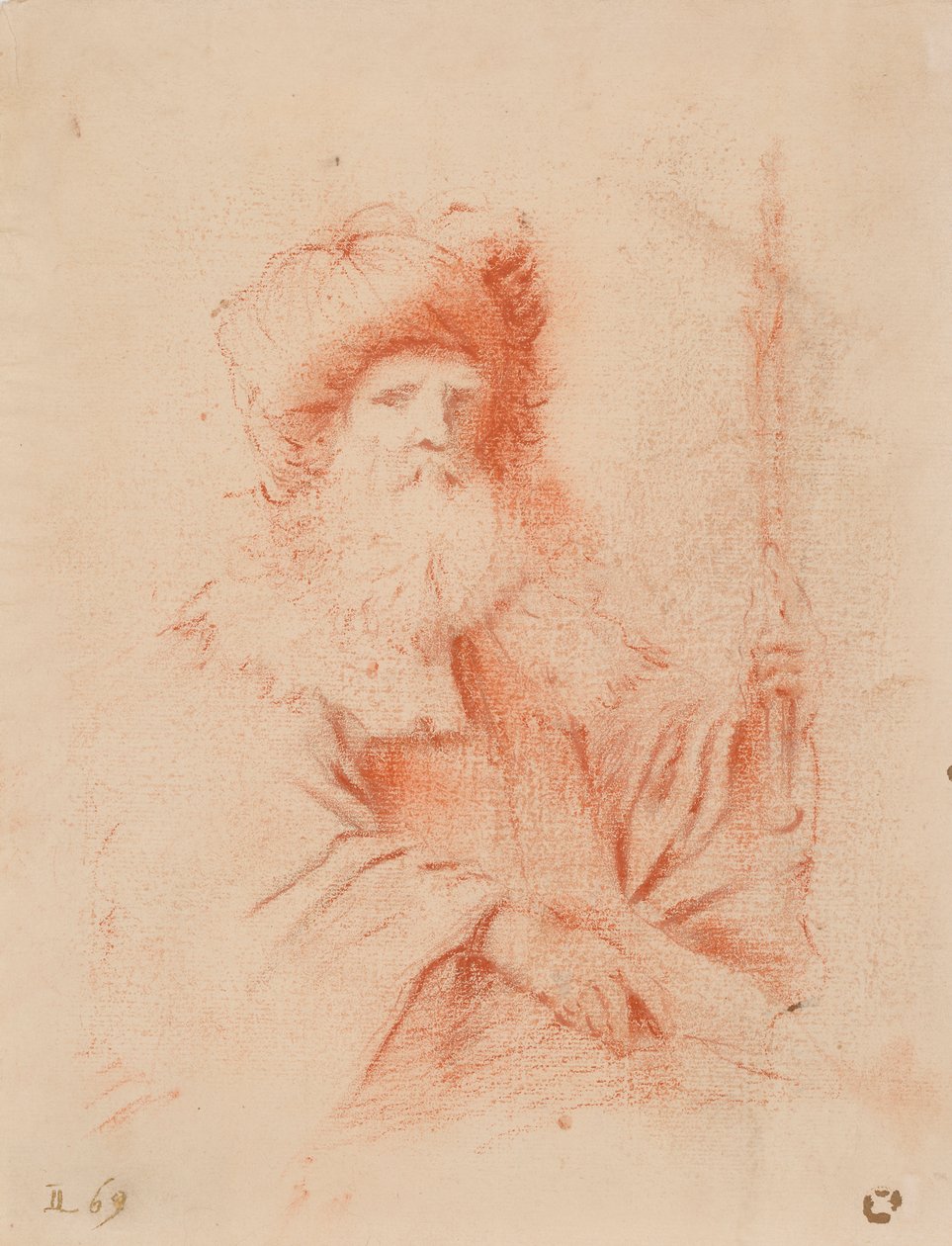 Luonnos parrakkaasta miehestä turbaanissa (punainen liitu paperille) tekijältä Guercino