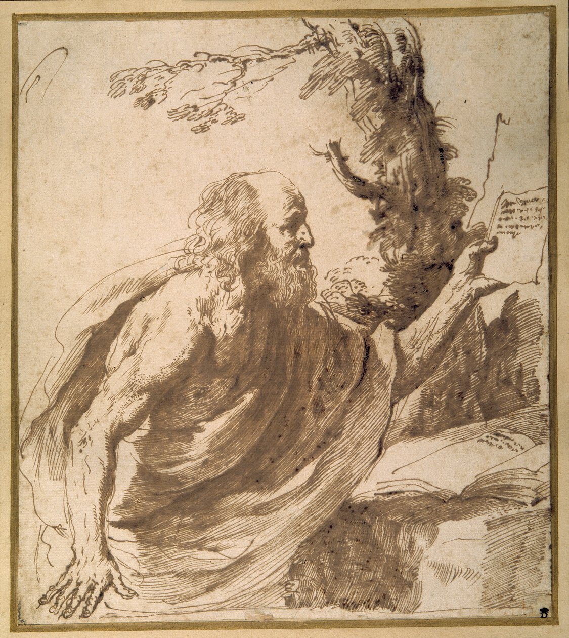 Pyhä lukeva erämaassa (kynä ja muste paperille) tekijältä Guercino