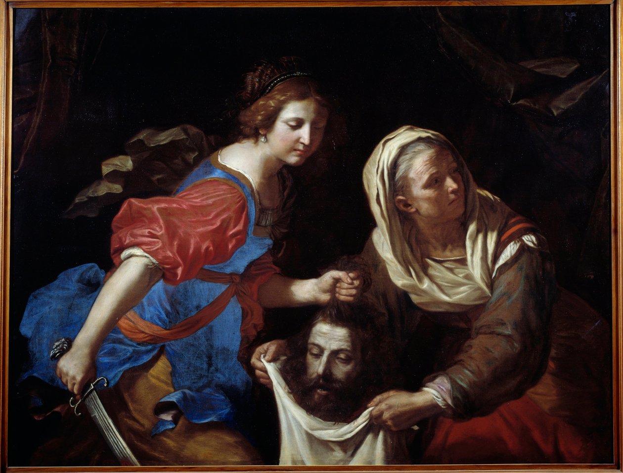 Judith ja Holofernes pää. Hänen palvelijattarensa Abra pitää laukkua, kun taas Judith laskee miehen pään. Giovanni Francesco Barbieri dit Guercinon maalaus (Guerchin tekijältä Guercino